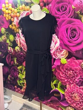 Shelby & Palmer Black Ruffle-Sleeve Midi Dress with Tie Waist